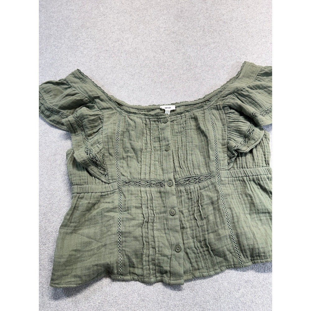 Aerie Olive Green Gauze Crop Top Womens Large Boho Cottagecore Flutter Sleeve - Picture 2 of 9